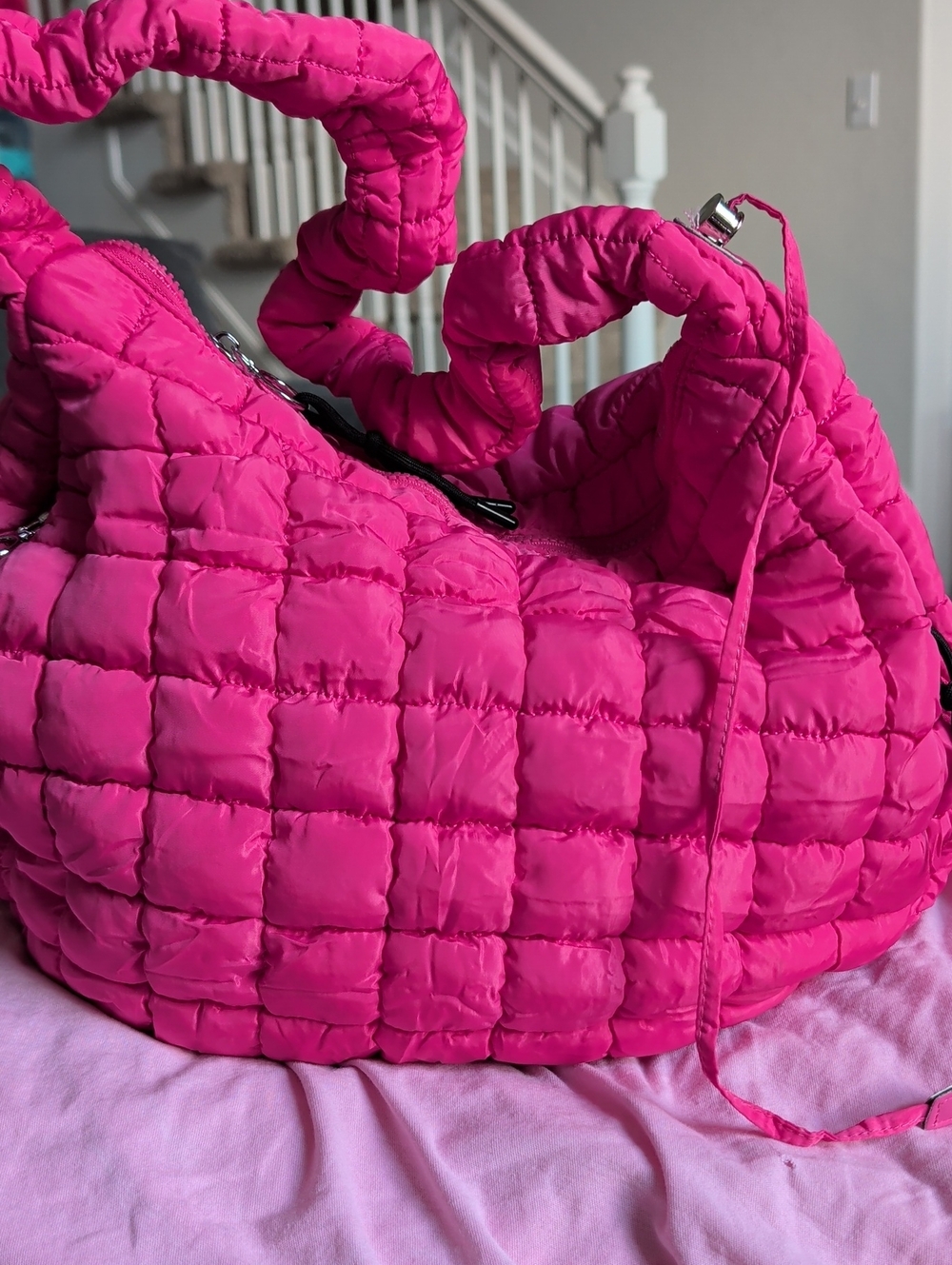 Quilted Bubble Hobo Bag in Bright Pink
